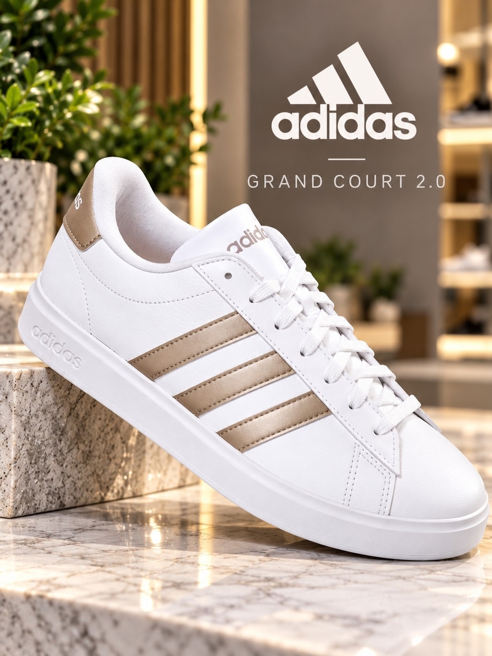 adidas Grand Court 2.0 Men’s White with Gold Accent Sneakers